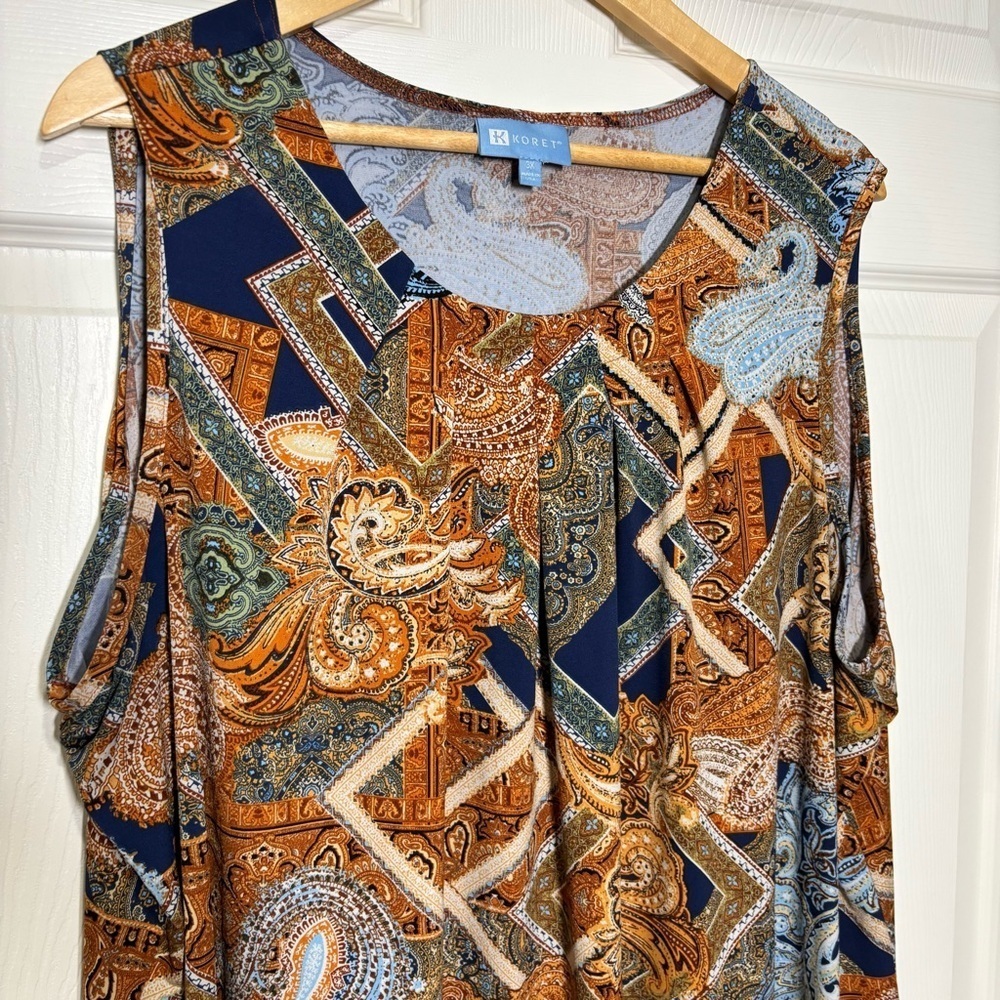 Koret Sleeveless Top Blouse Womens 3X Brown Blue Stretch Modest Tapestry Paisley - Picture 4 of 7